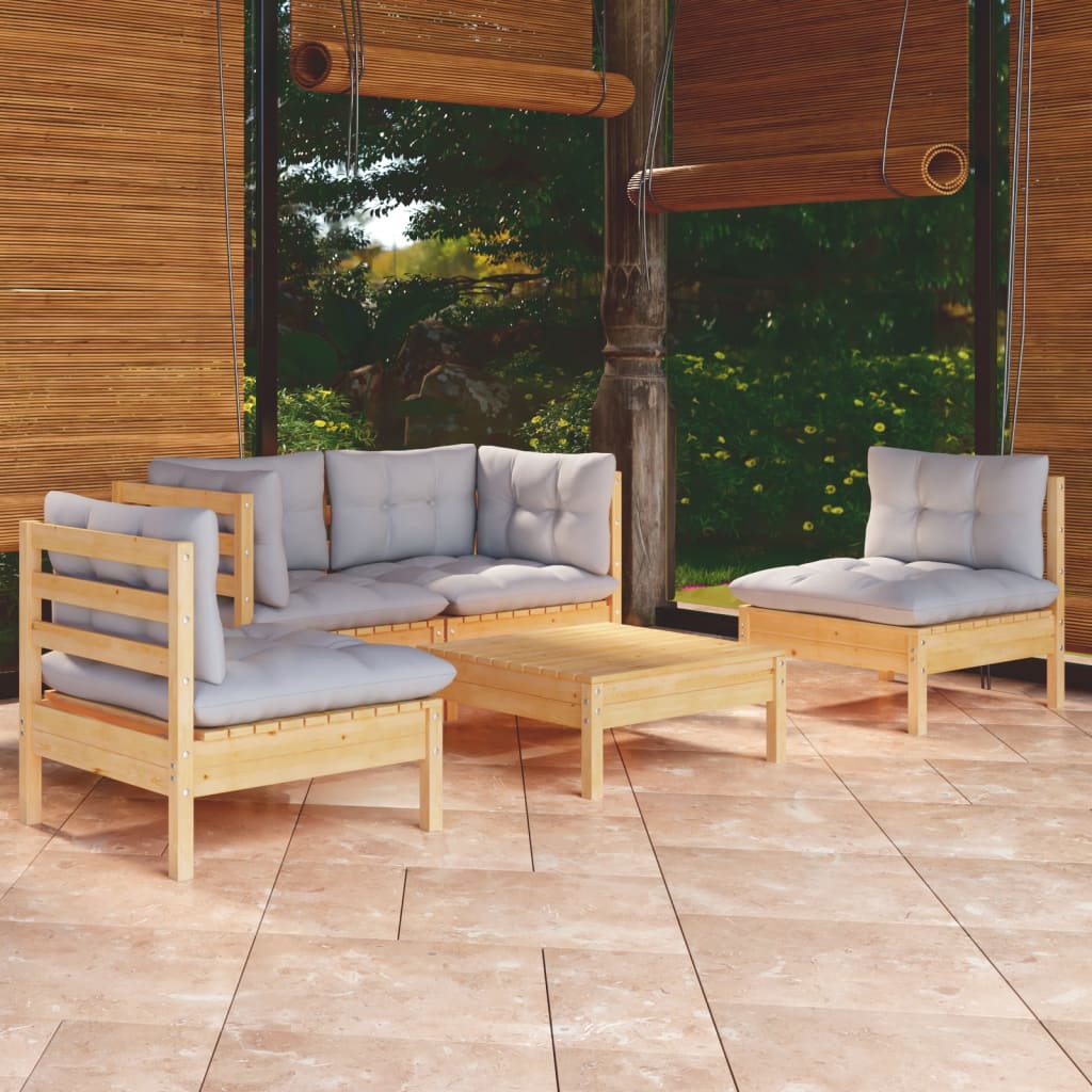 Set Divani da Giardino 5 pz con Cuscini Grigi Massello di Pino