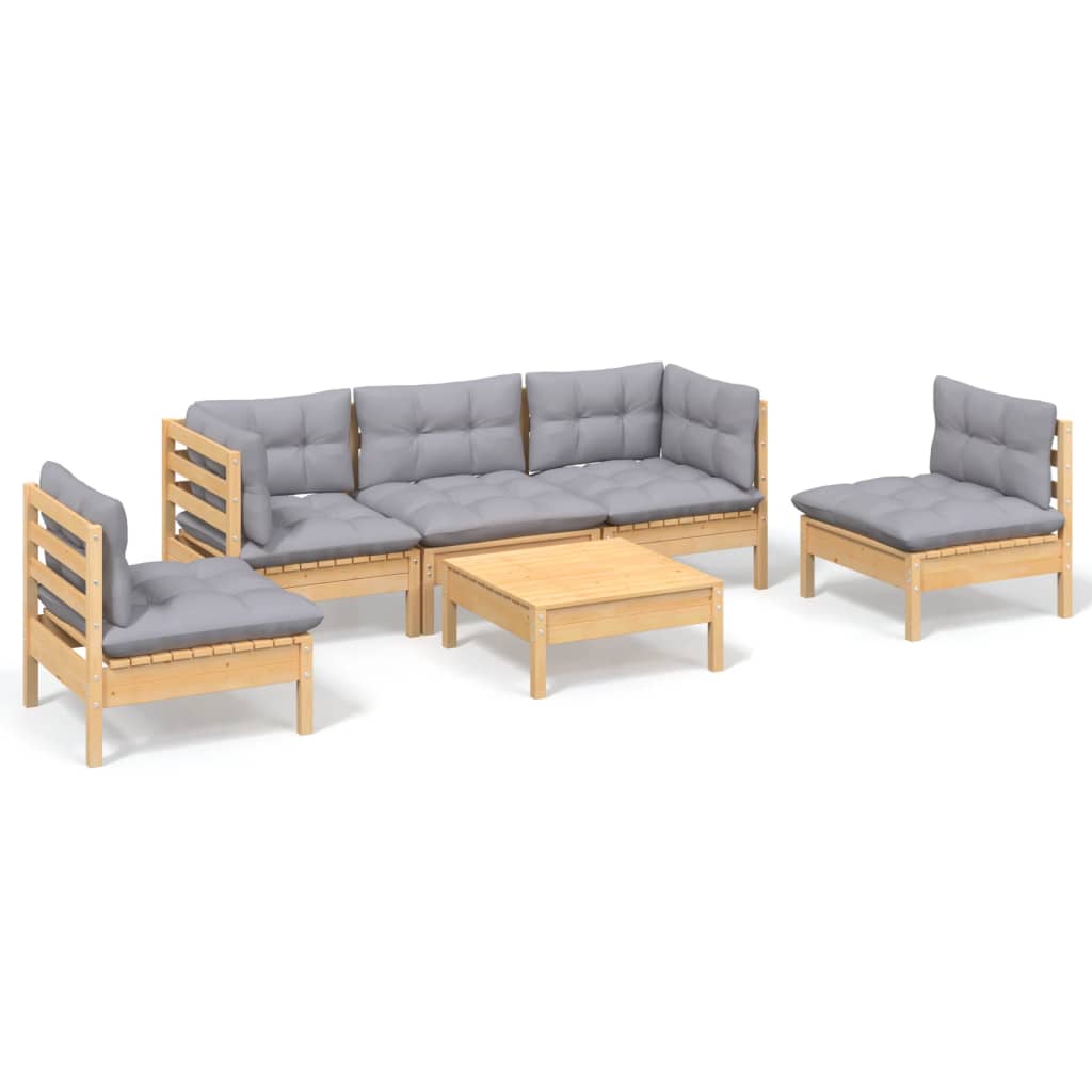Set Divani da Giardino 6 pz con Cuscini Grigi Massello di Pino