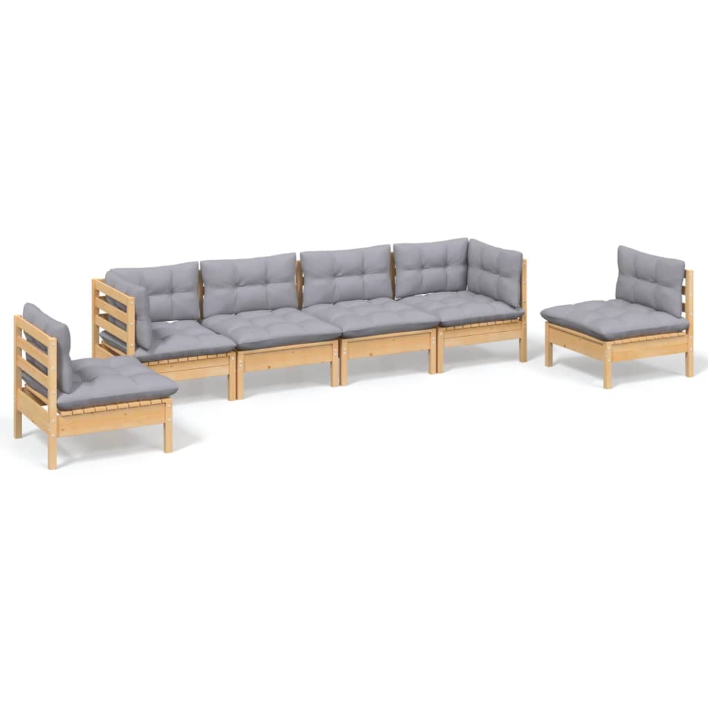 Set Divani da Giardino 6 pz con Cuscini Grigi Massello di Pino