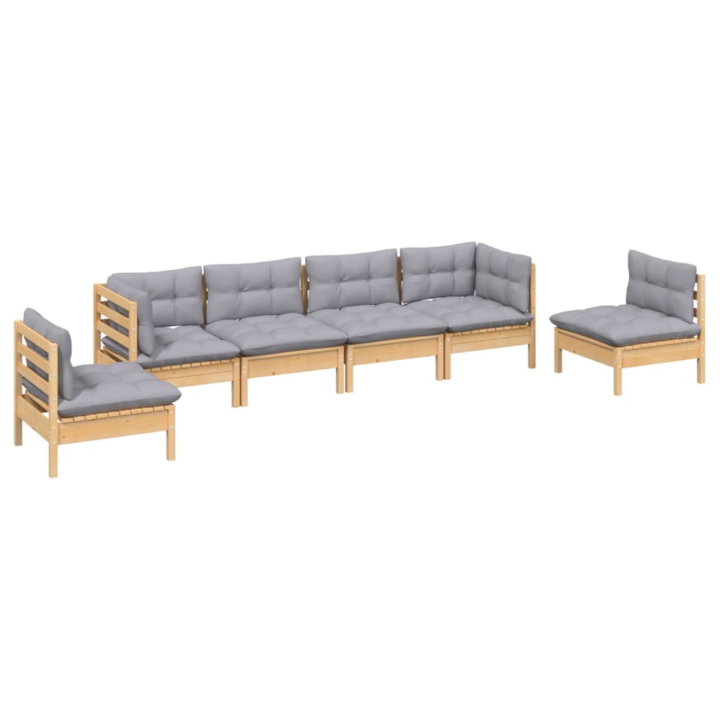 Set Divani da Giardino 6 pz con Cuscini Grigi Massello di Pino