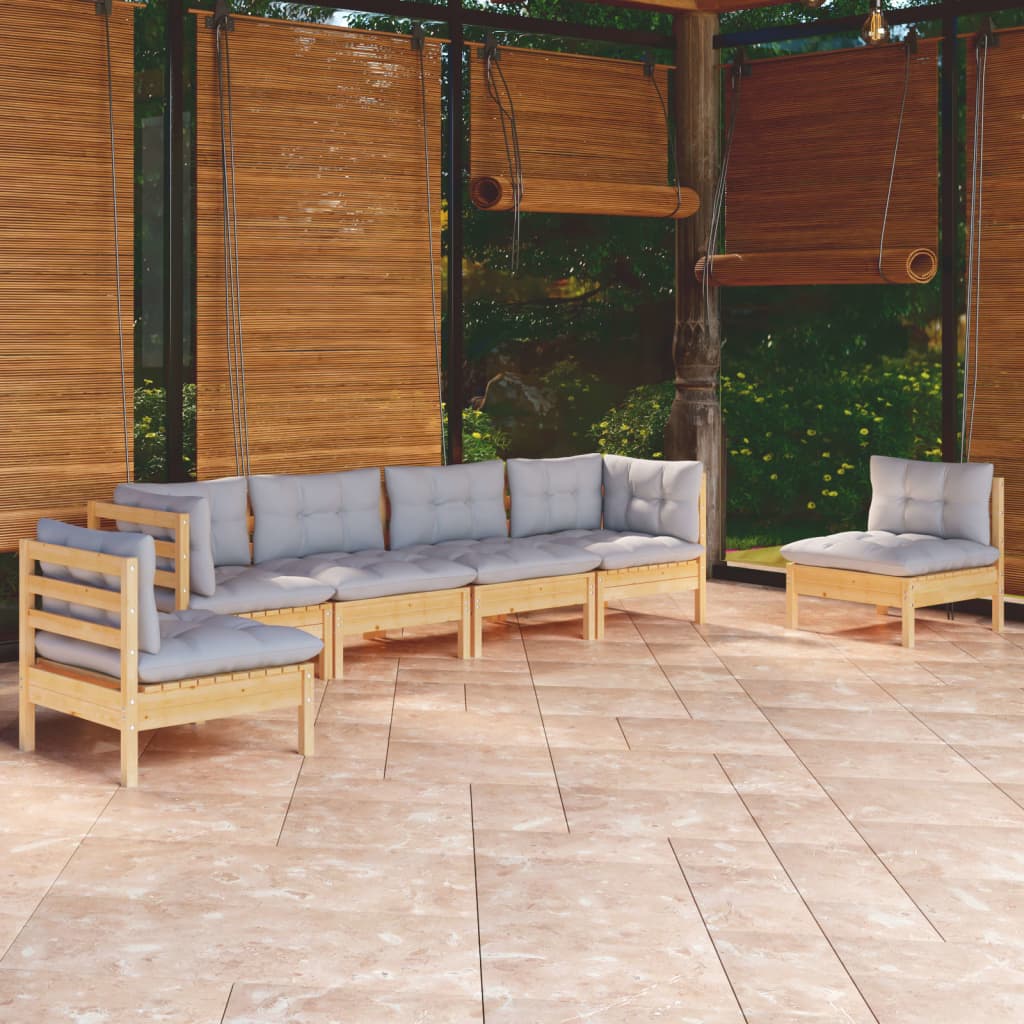Set Divani da Giardino 6 pz con Cuscini Grigi Massello di Pino