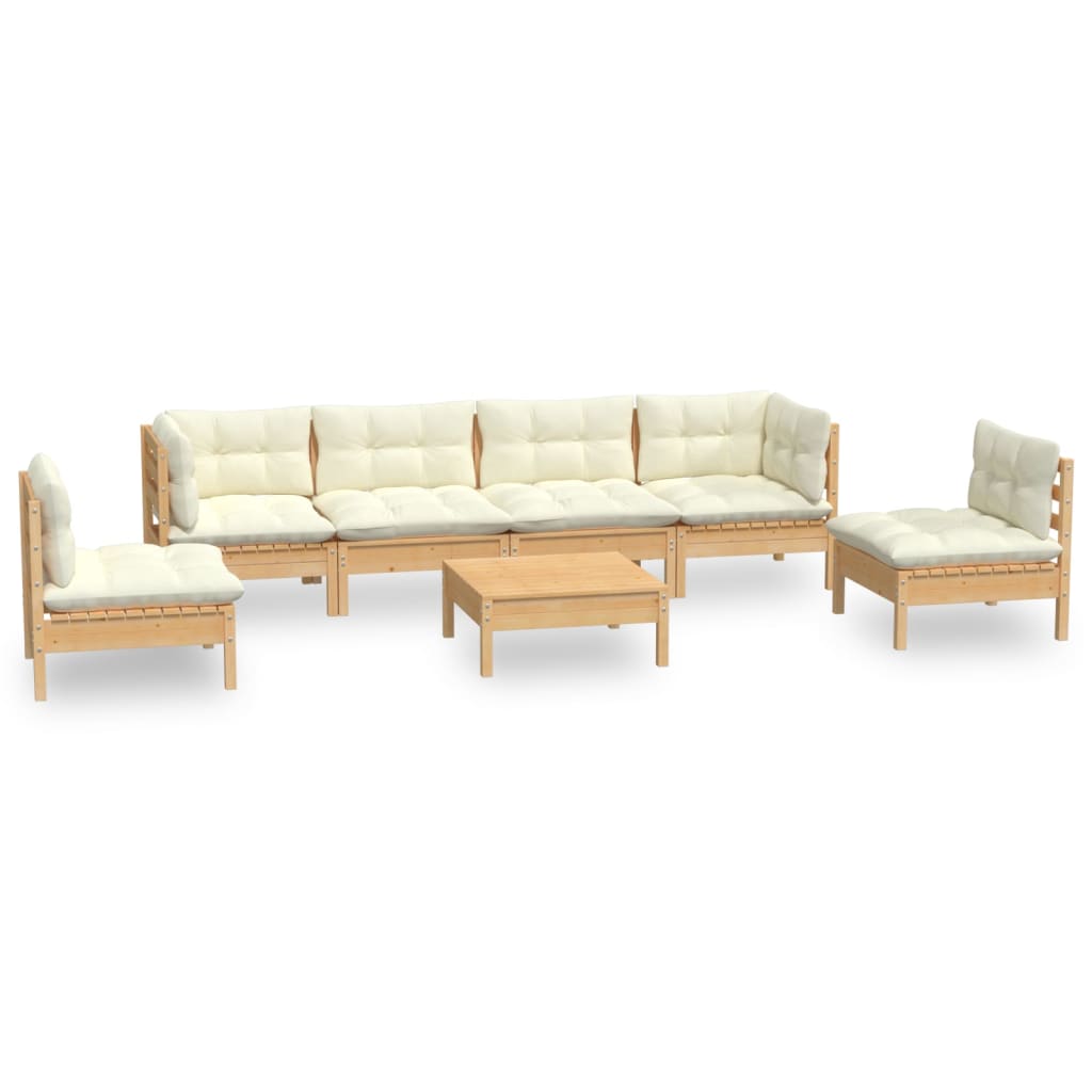 Set Divani da Giardino 7 pz con Cuscini Crema in Massello di Pino
