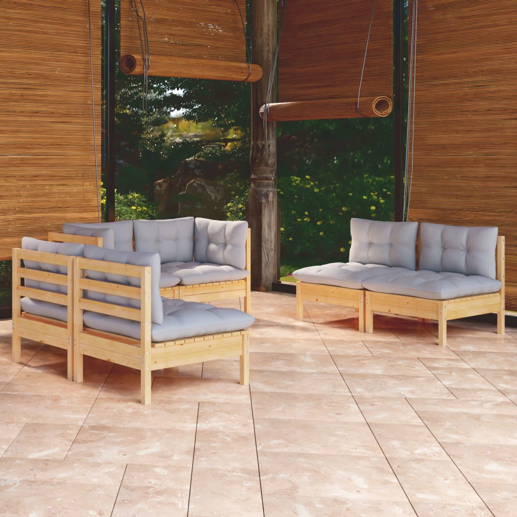 Set Divani da Giardino 6 pz con Cuscini Grigi Massello di Pino