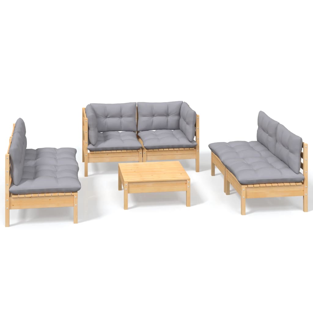 Set Divani da Giardino 7 pz con Cuscini Grigi Massello di Pino
