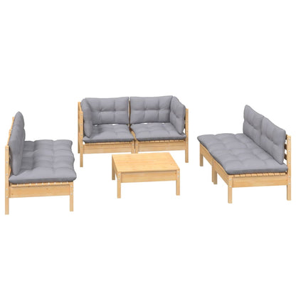 Set Divani da Giardino 7 pz con Cuscini Grigi Massello di Pino