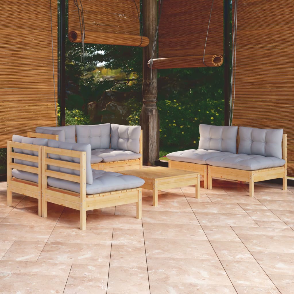 Set Divani da Giardino 7 pz con Cuscini Grigi Massello di Pino