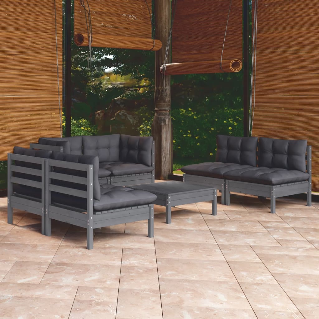 Set Salotto da Giardino 7pz con Cuscini Legno Massello di Pino