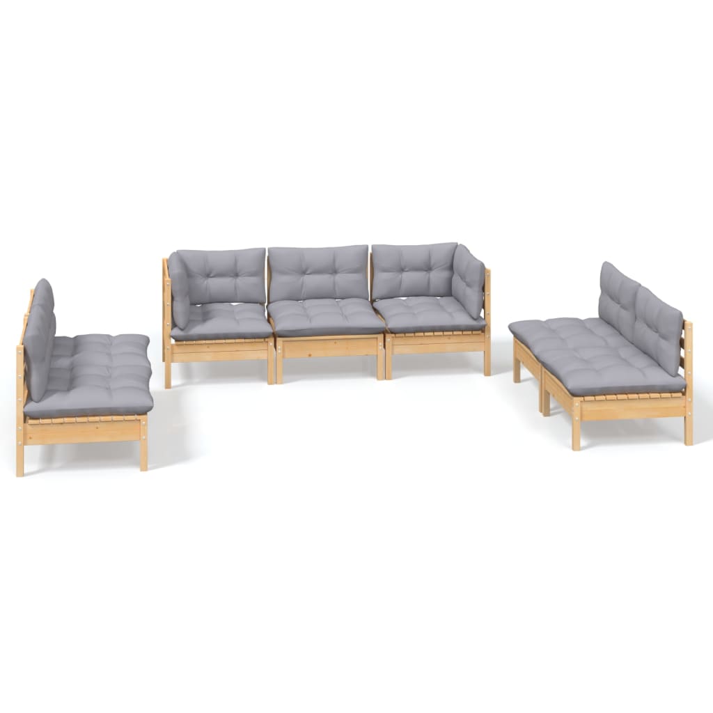 Set Divani da Giardino 7 pz con Cuscini Grigi Massello di Pino