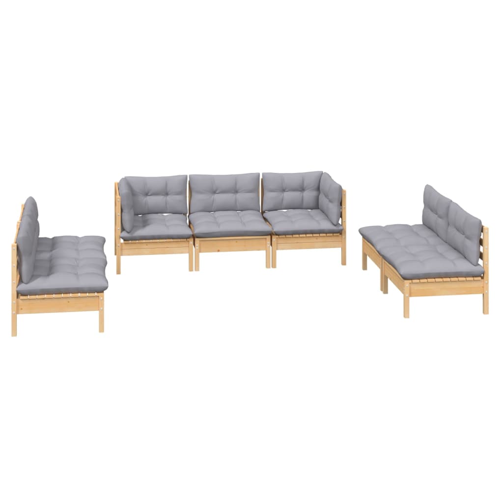 Set Divani da Giardino 7 pz con Cuscini Grigi Massello di Pino