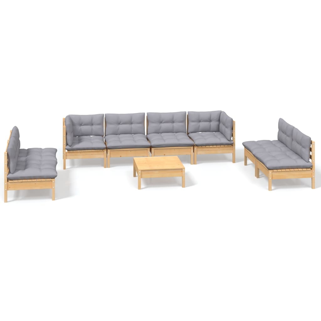 Set Divani da Giardino 9 pz con Cuscini Grigi Massello di Pino