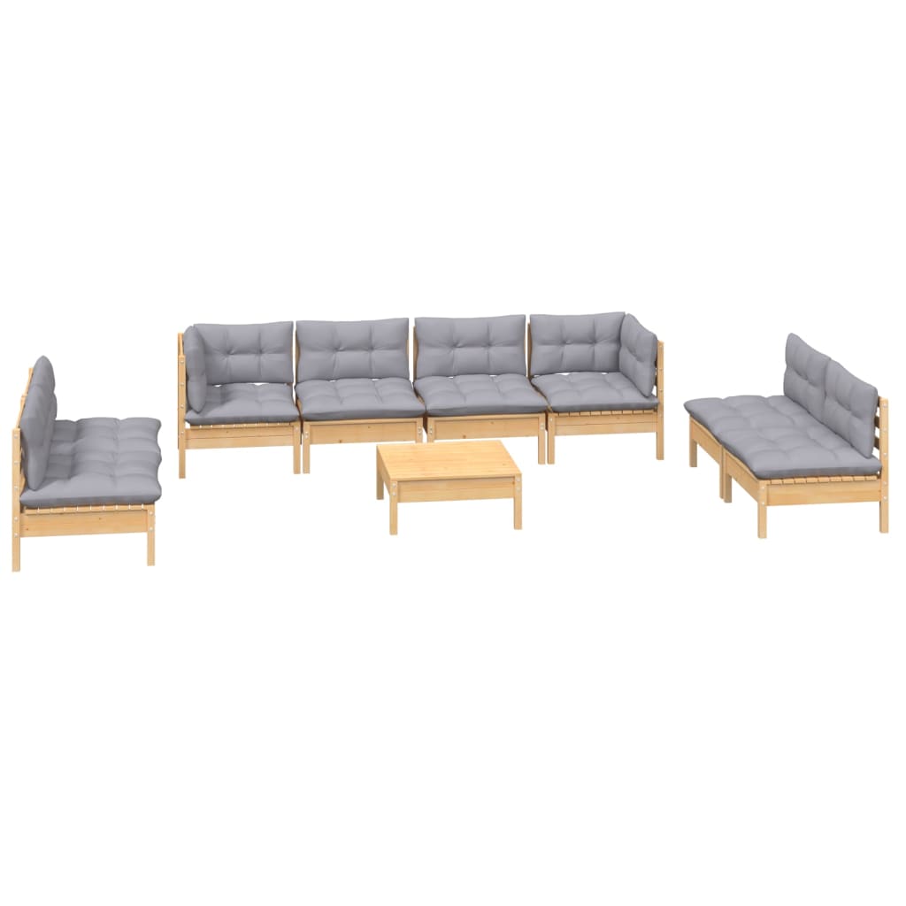 Set Divani da Giardino 9 pz con Cuscini Grigi Massello di Pino