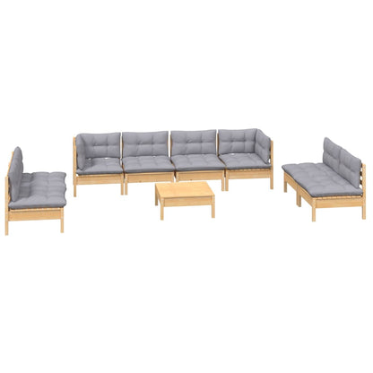 Set Divani da Giardino 9 pz con Cuscini Grigi Massello di Pino