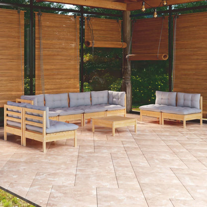 Set Divani da Giardino 9 pz con Cuscini Grigi Massello di Pino