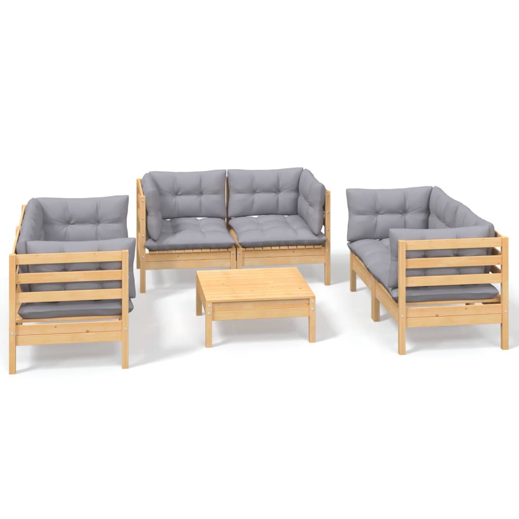 Set Divani da Giardino 7 pz con Cuscini Grigi Massello di Pino