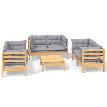 Set Divani da Giardino 7 pz con Cuscini Grigi Massello di Pino