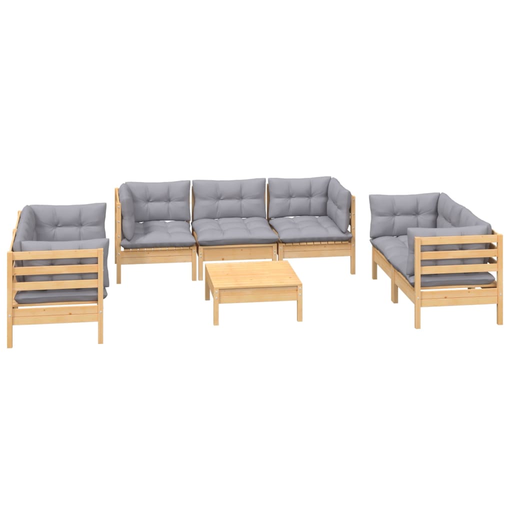 Set Divani da Giardino 8 pz con Cuscini Grigi Massello di Pino