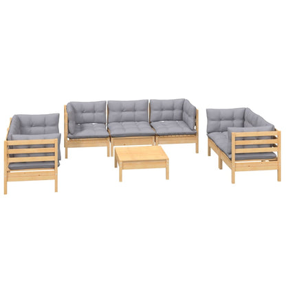 Set Divani da Giardino 8 pz con Cuscini Grigi Massello di Pino