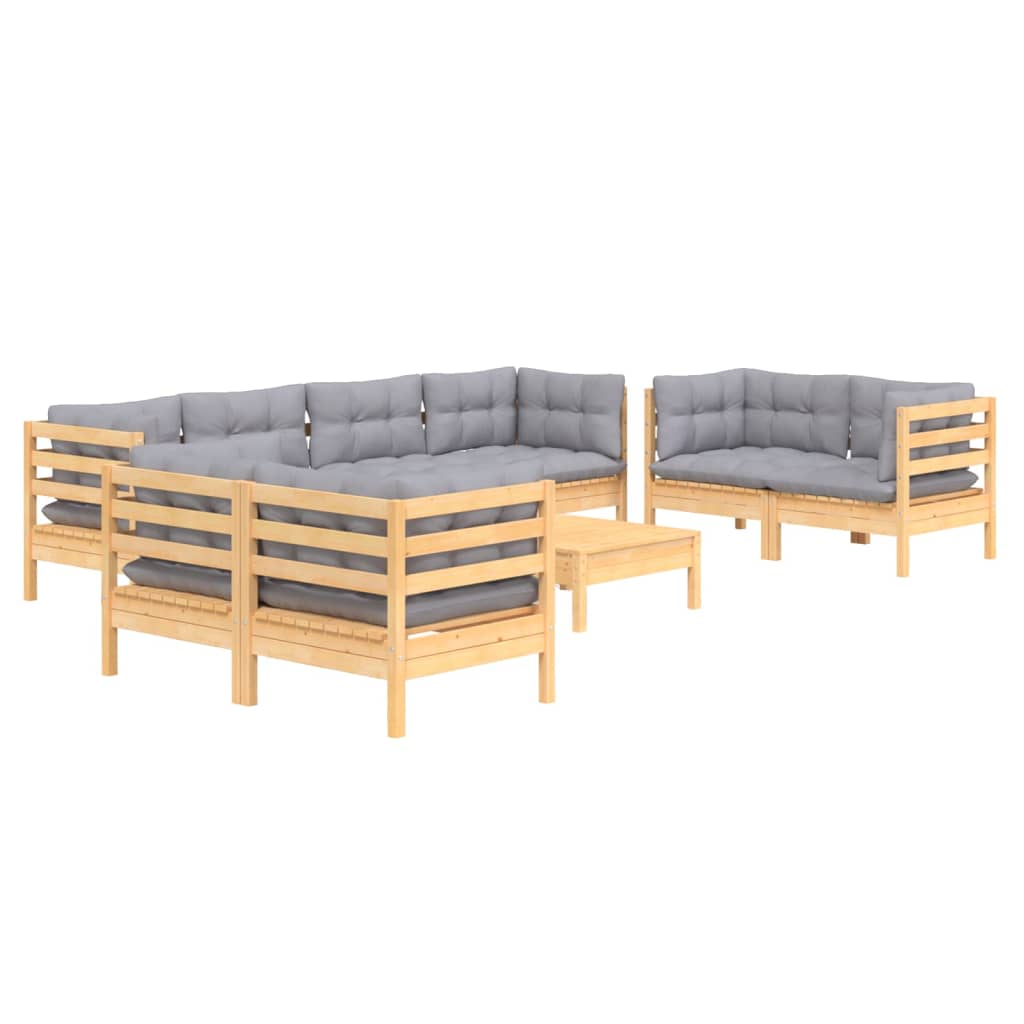 Set Divani da Giardino 9 pz con Cuscini Grigi Massello di Pino