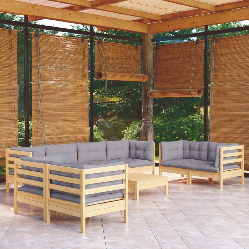 Set Divani da Giardino 9 pz con Cuscini Grigi Massello di Pino