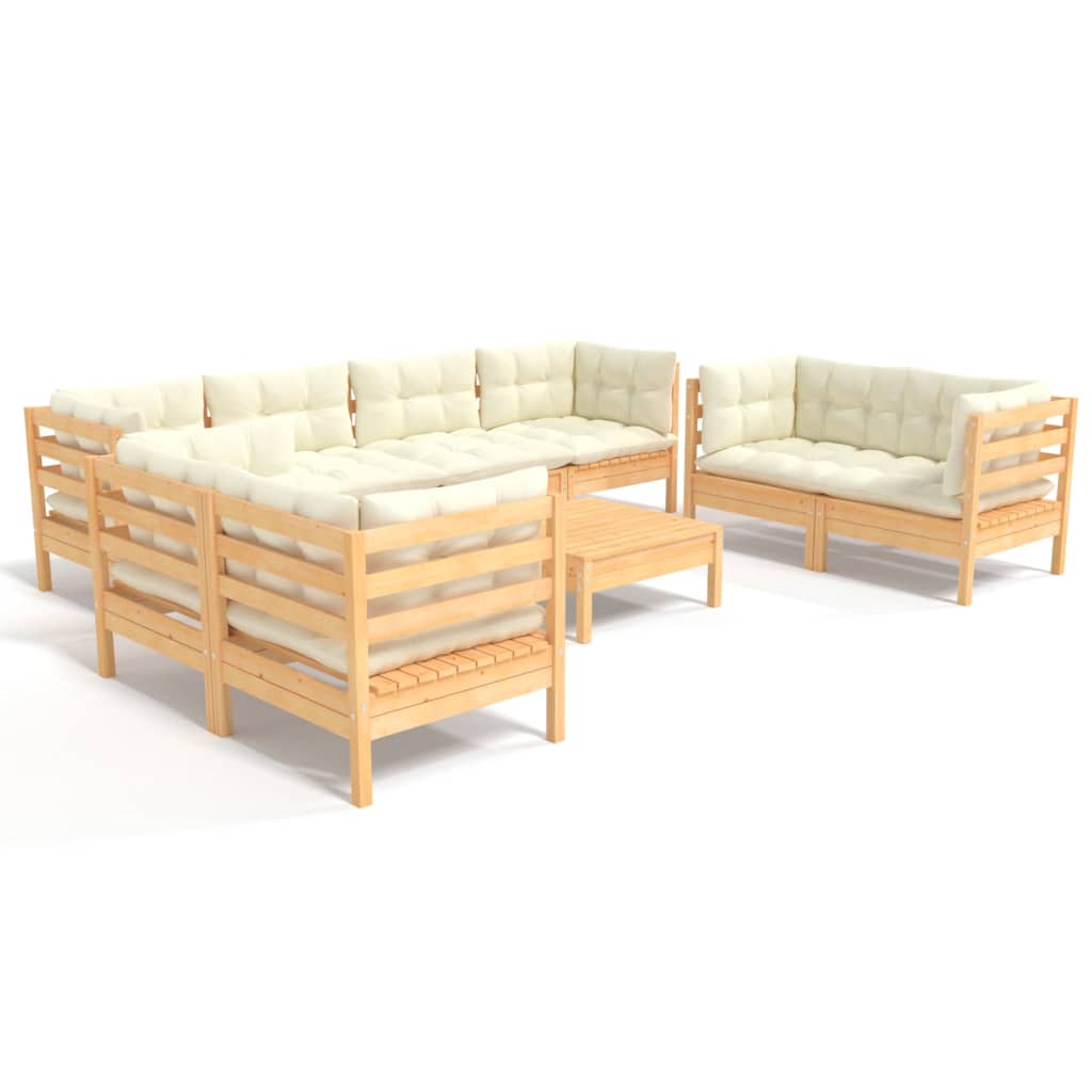 Set Divani da Giardino 9 pz con Cuscini Crema Massello di Pino
