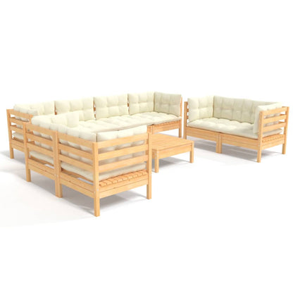 Set Divani da Giardino 9 pz con Cuscini Crema Massello di Pino