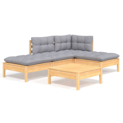 Set Divani da Giardino 5 pz con Cuscini Grigi Massello di Pino