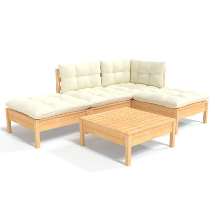 Set Salotto da Giardino 5pz con Cuscini Crema in Legno di Pino