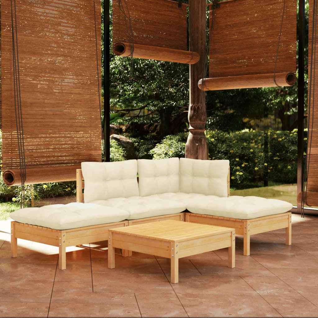 Set Salotto da Giardino 5pz con Cuscini Crema in Legno di Pino