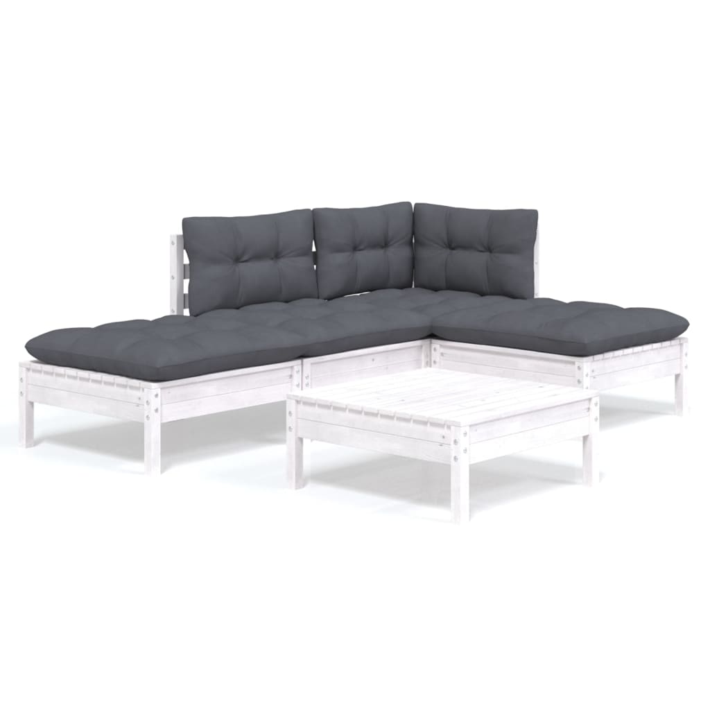 Set Divani da Giardino 5 pz con Cuscini Bianchi Legno di Pino