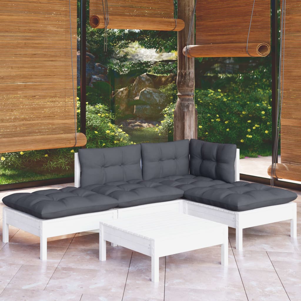 Set Divani da Giardino 5 pz con Cuscini Bianchi Legno di Pino
