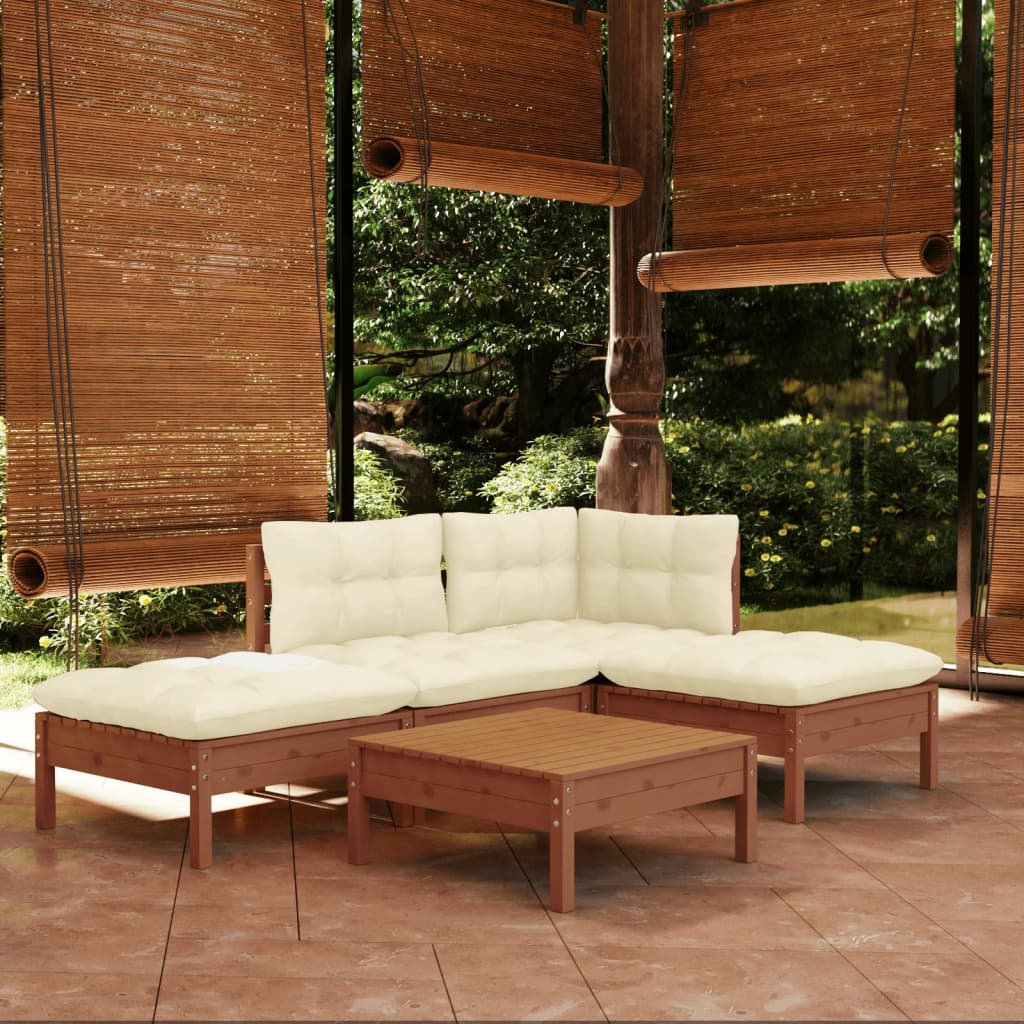 Set Salotto Giardino 5pz con Cuscini Marrone Ambra Legno Pino