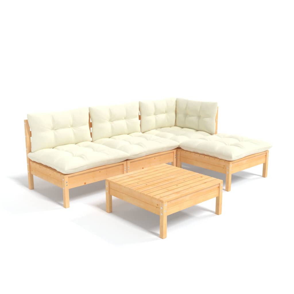Set Salotto da Giardino 5pz con Cuscini Crema in Legno di Pino