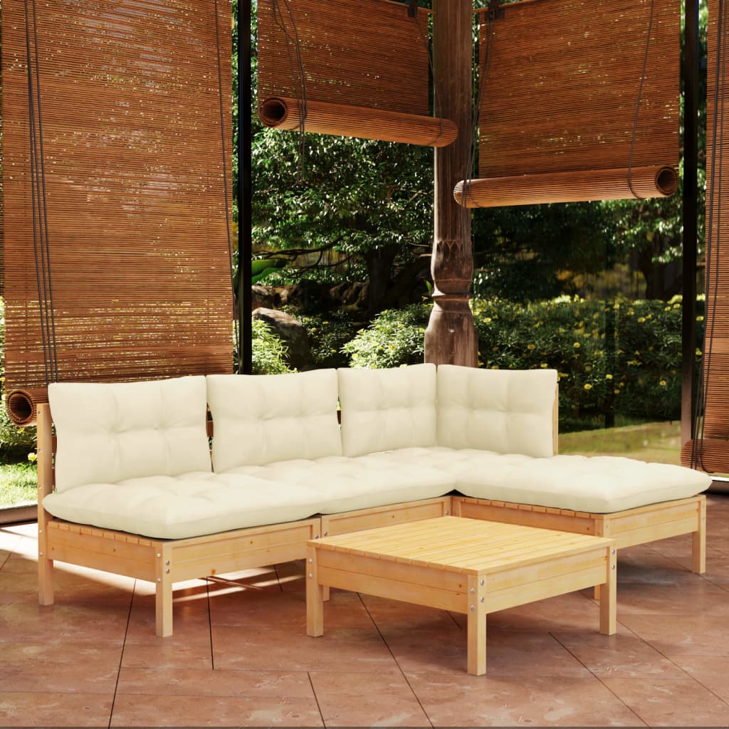 Set Salotto da Giardino 5pz con Cuscini Crema in Legno di Pino