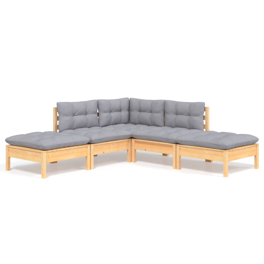 Set Divani da Giardino 5 pz con Cuscini Grigi Massello di Pino