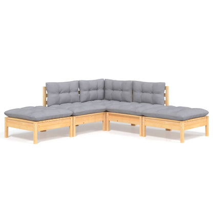 Set Divani da Giardino 5 pz con Cuscini Grigi Massello di Pino