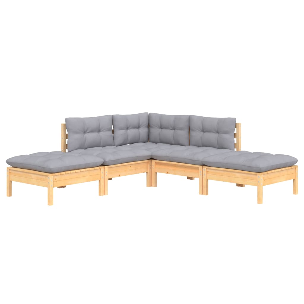 Set Divani da Giardino 5 pz con Cuscini Grigi Massello di Pino