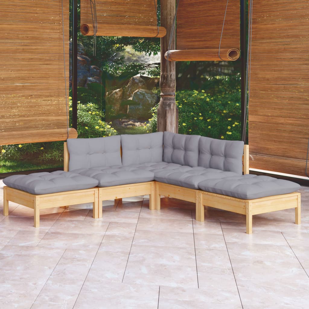 Set Divani da Giardino 5 pz con Cuscini Grigi Massello di Pino
