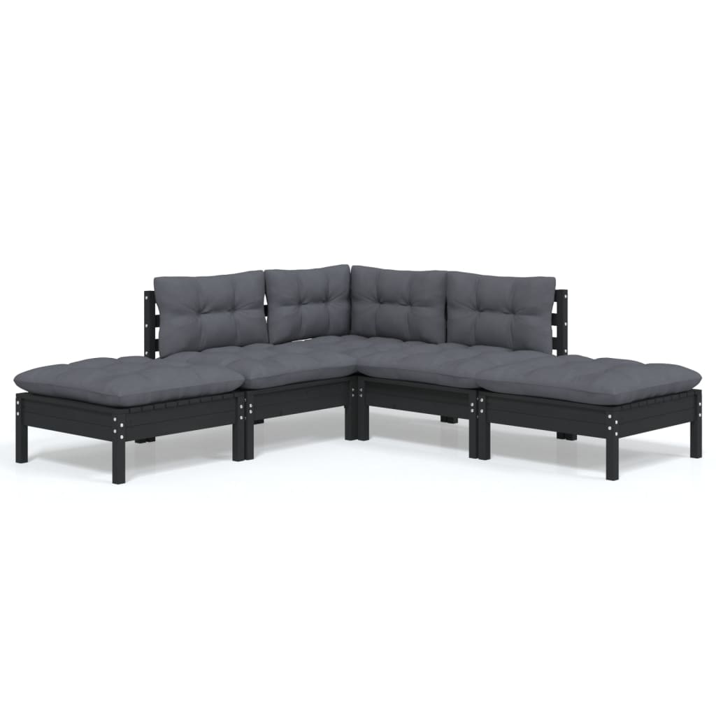 Set Divani da Giardino 5 pz con Cuscini Neri Massello di Pino