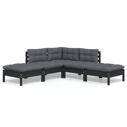 Set Divani da Giardino 5 pz con Cuscini Neri Massello di Pino