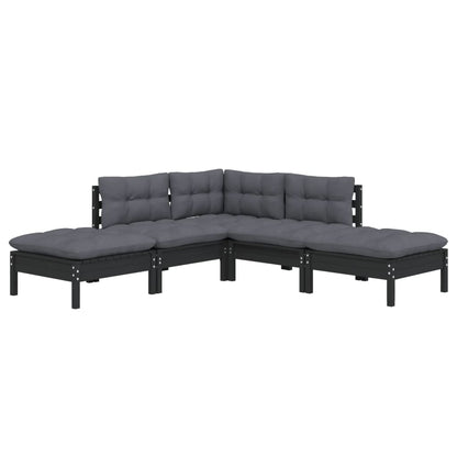 Set Divani da Giardino 5 pz con Cuscini Neri Massello di Pino