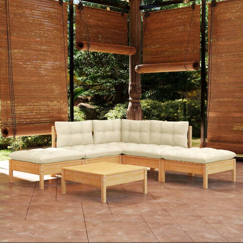 Set Salotto da Giardino 6 pz con Cuscini Crema Legno di Pino