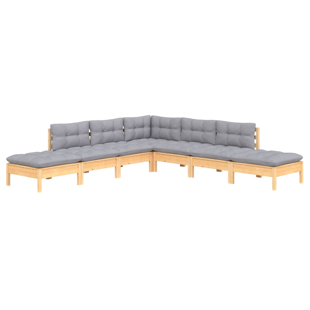 Set Divani da Giardino 7 pz con Cuscini Grigi Massello di Pino