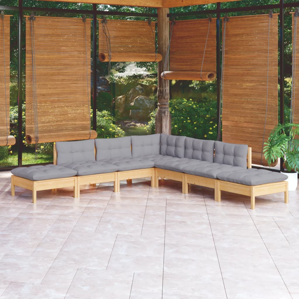 Set Divani da Giardino 7 pz con Cuscini Grigi Massello di Pino