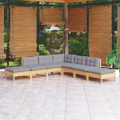 Set Divani da Giardino 7 pz con Cuscini Grigi Massello di Pino