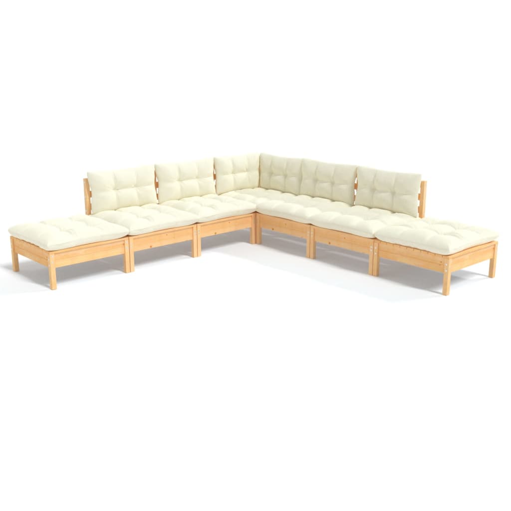 Set Salotto da Giardino 7pz con Cuscini Crema in Legno di Pino