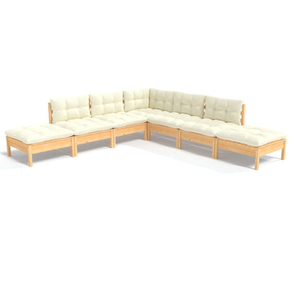 Set Salotto da Giardino 7pz con Cuscini Crema in Legno di Pino