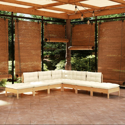 Set Salotto da Giardino 7pz con Cuscini Crema in Legno di Pino
