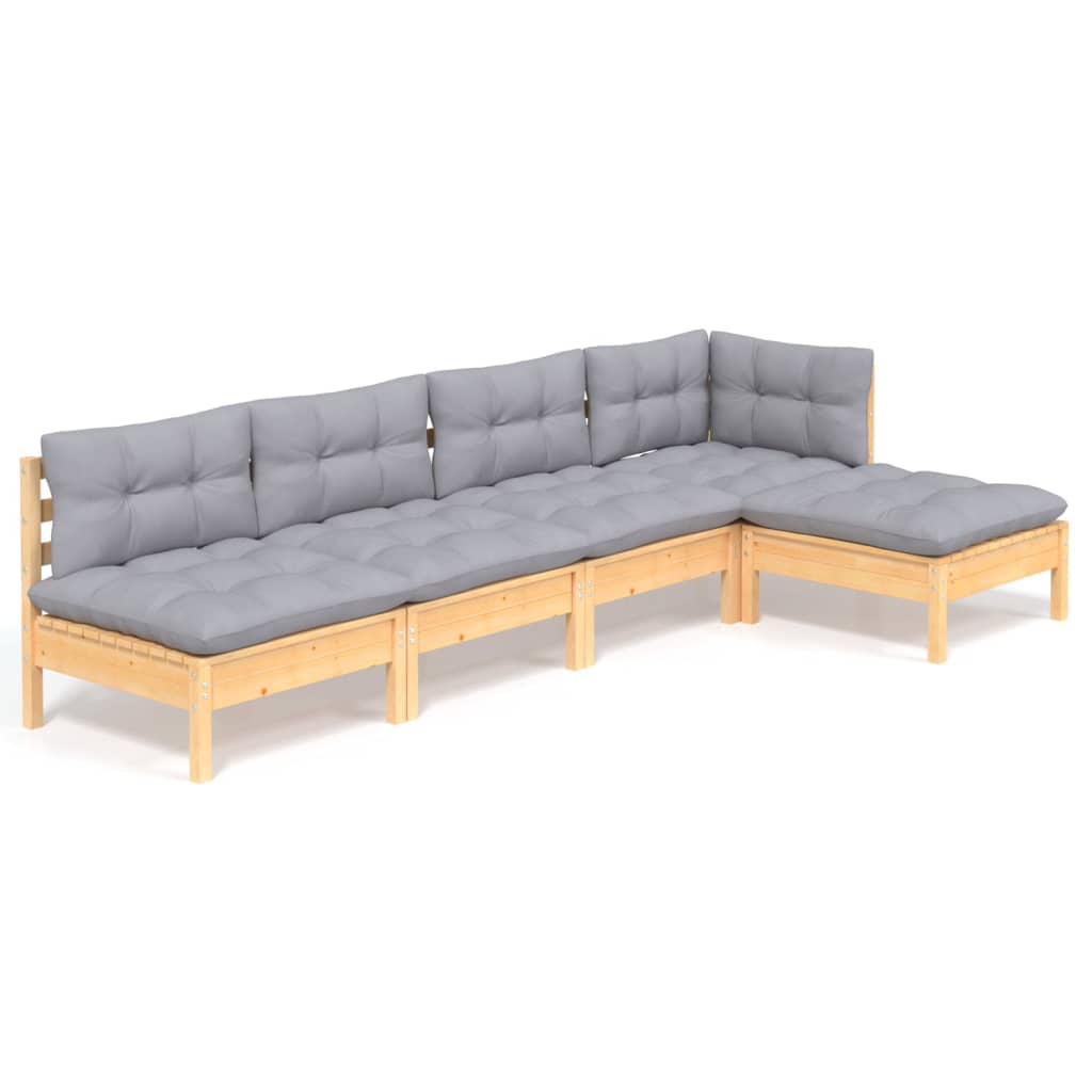 Set Divani da Giardino 5 pz con Cuscini Grigi Massello di Pino
