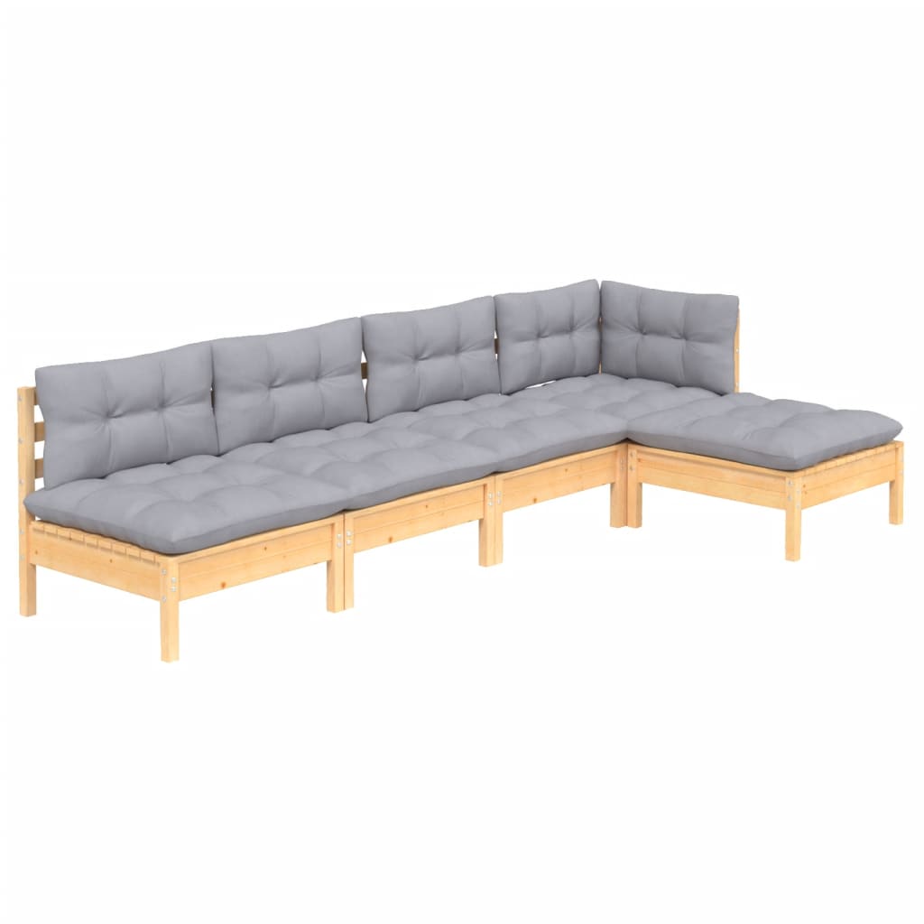Set Divani da Giardino 5 pz con Cuscini Grigi Massello di Pino