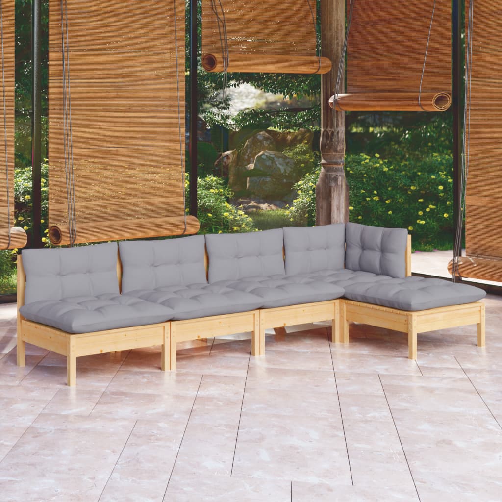 Set Divani da Giardino 5 pz con Cuscini Grigi Massello di Pino